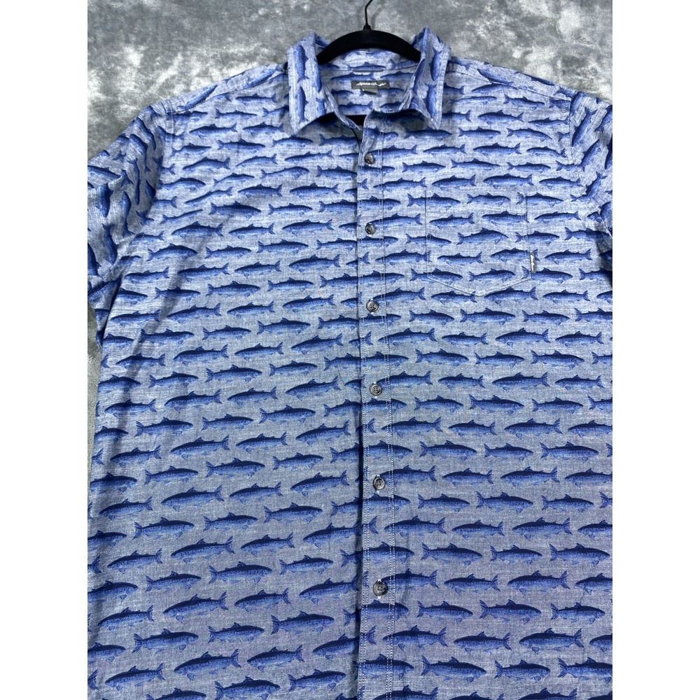 Eddie Bauer‎ Fish Print Shirt Mens 2XL Blue Short Sleeve Button Up Coastal Beach